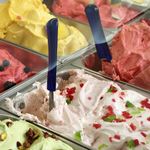 A vibrant array of gelato in various flavors displayed in a shop freezer.